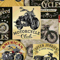 Timeless Treasures Fabric Vintage Motorcycle Fun C8049 Multi 15 yard bolt