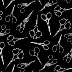 SALE Timeless Treasures Fabric Tossed Sewing Scissors Gail C8804 Black, By The Yard