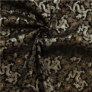 30" Silk Chinese Brocade Fabric Dragon & Flowers Black-Gold 15 yard bolt