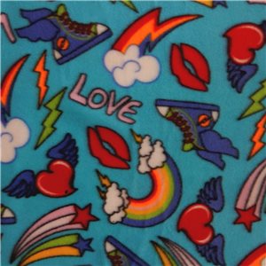 SALE Fleece Print Love Turquoise, by the yard