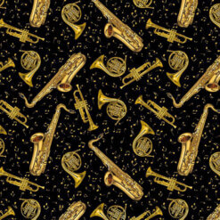 Timeless Treasures Fabric Tossed Brass Instruments Music-CM3238 Black, By The Yard