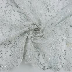 3-Yard Piece Stretch Re-Embroidered Metallic Lace White-Silver 6841